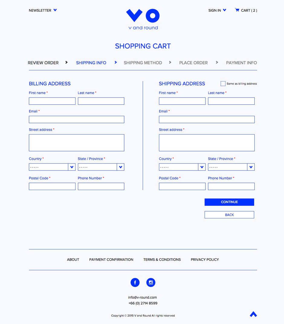 V and Round Shipping Info Page Design Sundae